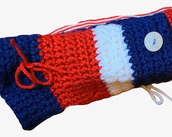 Red Blue Fidget Muff - Dementia Alzheimers Senior Patient Therapy - Restless Hands Sensory Sleeve - Crocheted Twiddle Cuff