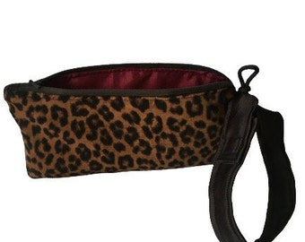 Upcycled Zippered Wristlet Pouch -Small Animal Print Fabric Cosmetic Case - Cell Phone Bag