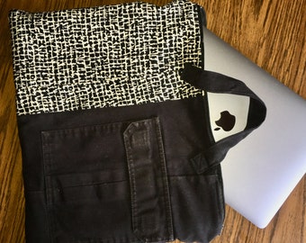Upcycled MacBook Air Laptop Carrying Bag - Padded Device Tech Fabric Tote Case with Handles and Pockets