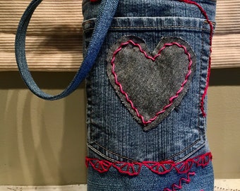 Handmade Valentine Denim Bucket Tote  Gift Bag - Eco-Friendly Upcycled Denim USA Made Small Shopping Handbag