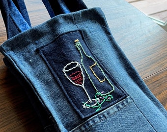 Wine Bottle Tote Bag with Pockets - Handmade Upcycled Denim Liquor Bottle Holder - Party Gift Shopping Bag