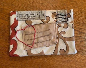 Handmade Fabric Hand Stitched Valentine Envelope - Upcycled USA Made Gift Greeting Envelope