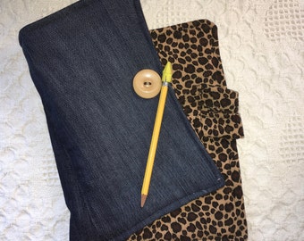 Upcycled Denim Folder - Boho Gadget Case with Pockets - Animal Print Fabric Flexible Purse Organizer