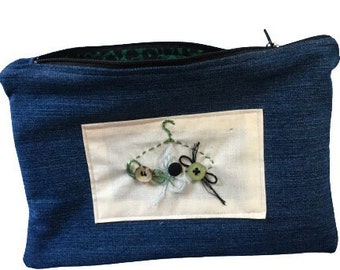 Hand Embroidered Cosmetic Travel Pouch - Denim Personal Make-up Bag Toiletry Case - Green Embroidery Zippered Bag