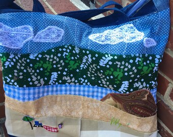 Summer Beach Scene Tote Bag - Blue Upycled Denim Appliqué Fabric Shoulder Handbag - USA Made Large Market Bag Gift