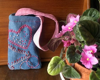 Handmade Valentine Denim Mini Bucket Tote - Eco-Friendly Upcycled USA Made Small Shopping Handbag