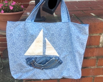 Blue Summer Shoulder Beach Bag - Handmade Upcycled Fabric Market Tote - USA Made Appliquéd Sailboat Handbag Gift