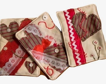 Handmade Fabric Valentine's Day Cards - Set of Three - Upcycled Fabric Art Heart Greetings Keepsakes