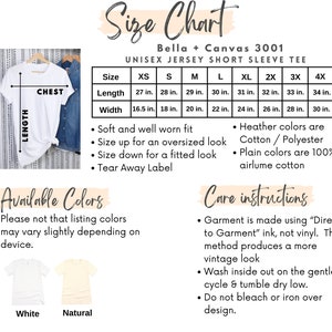 May include: Size chart for a Bella + Canvas 3001 unisex jersey short sleeve tee. The chart shows measurements for chest, length, and width in inches for sizes XS through 4X. The chart also includes information about the fabric composition and care instructions. The available colors are white and natural.