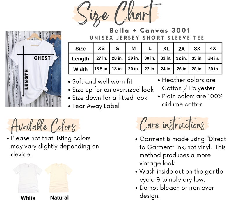 May include: Size chart for a Bella + Canvas 3001 unisex jersey short sleeve tee. The chart shows measurements for chest, length, and width in inches for sizes XS through 4X. The chart also includes information about the fabric composition and care instructions. The available colors are white and natural.