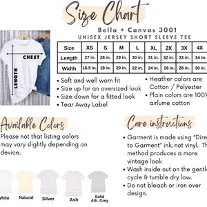 May include: Size chart for a unisex short sleeve jersey tee from Bella + Canvas 3001. The chart shows sizes XS to 4X with measurements in inches for chest, length, and width. The chart also includes information about the fabric composition and care instructions. The available colors are white, natural, silver, ash, and solid athletic grey.