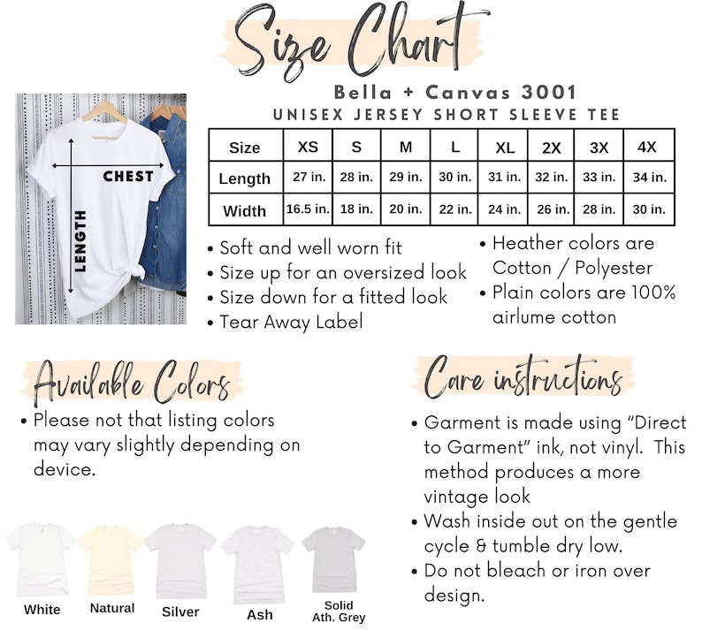 May include: Size chart for a unisex short sleeve jersey tee from Bella + Canvas 3001. The chart shows sizes XS to 4X with measurements in inches for chest, length, and width. The chart also includes information about the fabric composition and care instructions. The available colors are white, natural, silver, ash, and solid athletic grey.