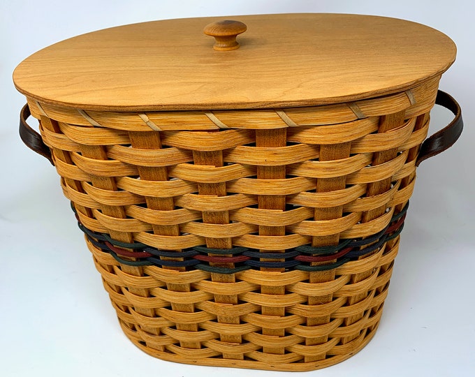 Amish Made Large Knitting Basket With Red, Blue and Green Weave and