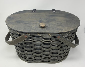 Amish Made Sewing Basket with Removable Tray in Blue/Gray Stain - Beautiful!