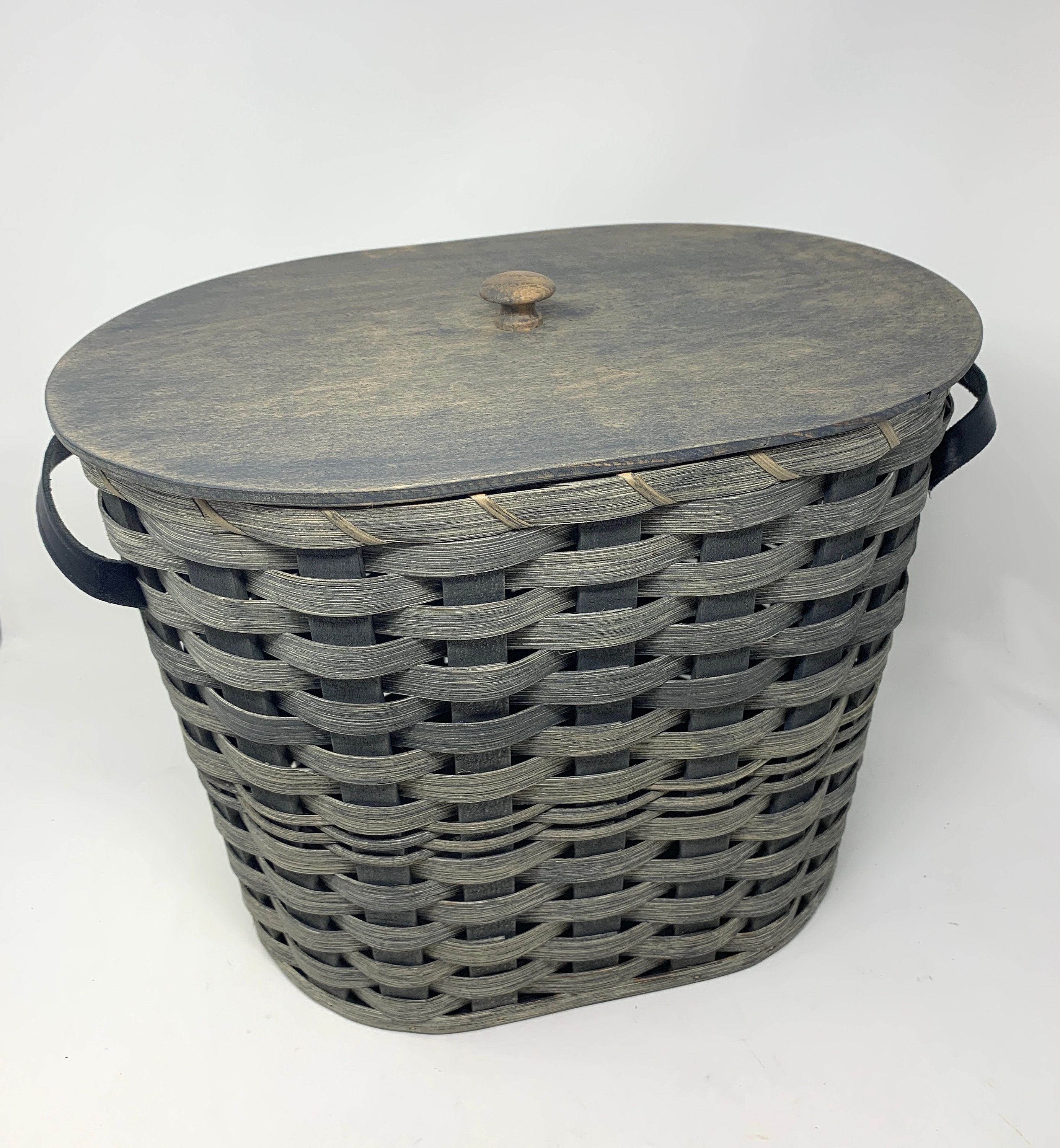 Amish Made Large Knitting Basket with Cover in Blue/Gray Stain Etsy