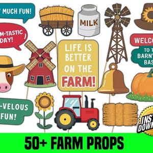 May include: A set of 50+ farm-themed photo booth props, including a cow head, a milk carton, a barn, a tractor, a hay bale, a bell, a windmill, and signs with phrases like "Sow Much Fun!" and "Life is Better on the Farm!"