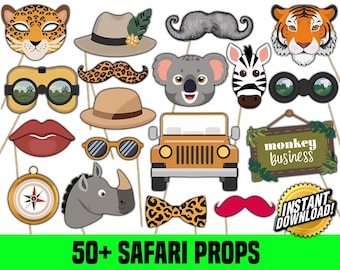 Safari Photo Booth Props, decoraties voor kinderverjaardagsfeestjes, afdrukbare feestartikelen, DIY Instant Download