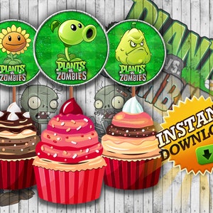Plants Vs Zombies Printable Cup Cake Toppers, Happy Birthday Banner, Custom, Instant Download, Party Decor
