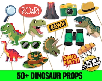 Dinosaurie-fotobåsrekvisita, 50+ festdekorationer med Jurassic-tema, direkt digital nedladdning, utskrivbar