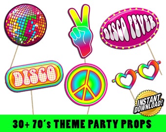 70s Party Photo Booth Props, 50+ Disco Hippie Theme Decorations, Instant Digital Download, Printable