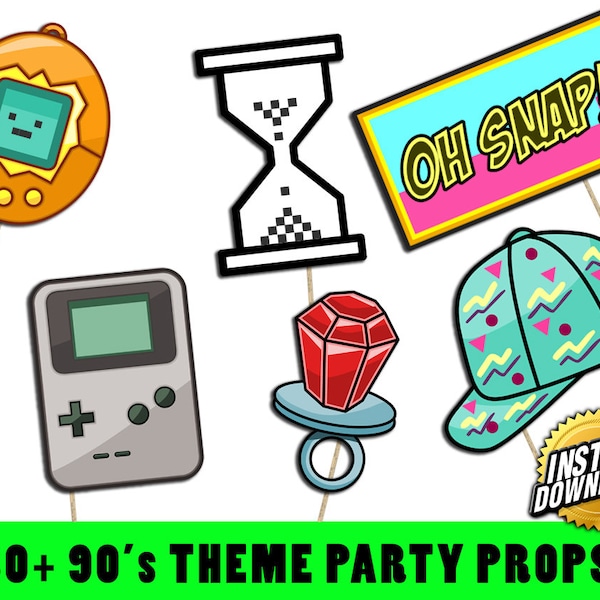 90s Party Photo Booth Props, Party Props, Retro Party, Nineties, 1990s, Instant download Printable