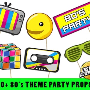 80s Party Photo Booth Props: Retro Printable Decorations (Digital Download)