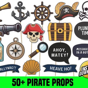 Accesorios de fotomatón pirata, decoraciones de accesorios temáticos piratas, suministros de fiesta imprimibles para adultos para niños, descarga instantánea de bricolaje