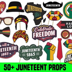 May include: A set of 14 colorful photo booth props with various designs related to Juneteenth, including the words "Juneteenth 1865", "Celebrate Freedom", "Peace Love", and "Happy Love".