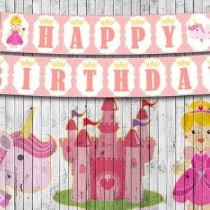 Princess Unicorn Printable Birthday Banner, Happy Birthday Banner, Custom, Instant Download, Party Decor image 1