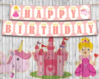 Princess Unicorn Printable Birthday Banner, Happy Birthday Banner, Custom, Instant Download, Party Decor
