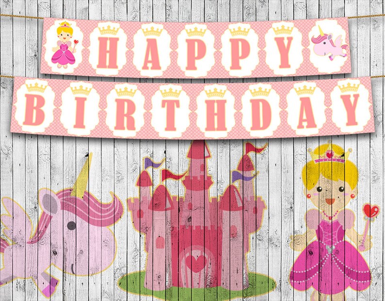 Princess Unicorn Printable Birthday Banner, Happy Birthday Banner, Custom, Instant Download, Party Decor image 1