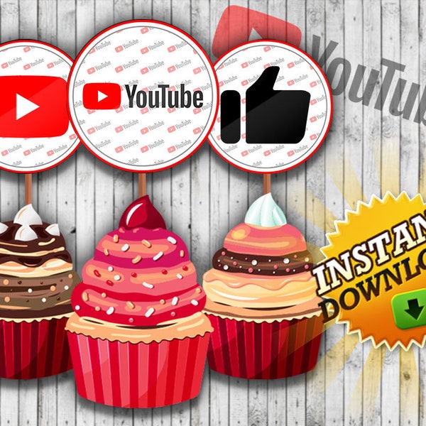 YouTube Printable Cup Cake Toppers, Happy Birthday Banner, Custom, Instant Download, Party Decor