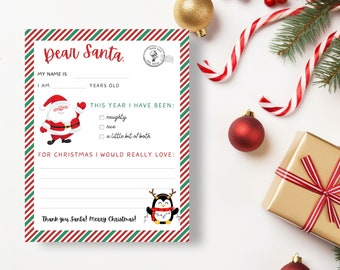 Letter to Santa, Dear Santa, Printable Letter to Santa Template, Christmas Wish List,  Kid's Christmas Nice List / Digital Download