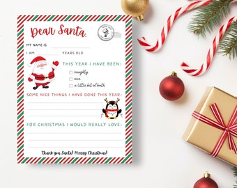 Letter to Santa, Dear Santa, Printable Letter to Santa Template, Christmas Wish List,  Kid's Christmas Nice List / Digital Download