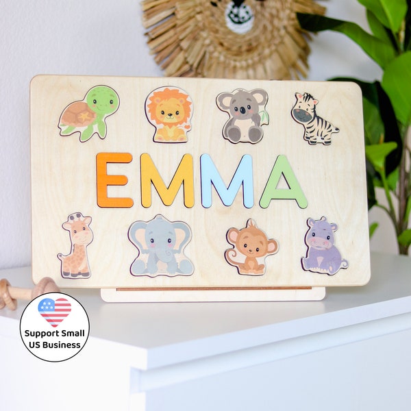 presents 90 year old lady Wooden Name Puzzle - Personalized baby gift - Safari animals themed toys - 1 year old girl gift - Baby Easter gift idea