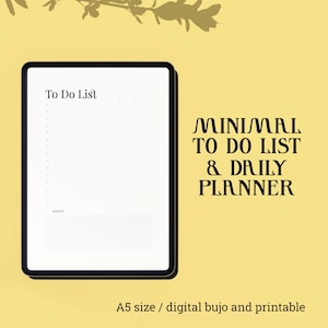 Può includere: Un planner giornaliero e una lista di cose da fare stampabili digitali in formato A5. Il planner ha un design minimalista con uno schema di colori bianco e nero. Il testo "To Do List" e "Notes" è visibile sulla pagina. Il testo "Minimal To Do List & Daily Planner" è visibile sul lato destro della pagina.