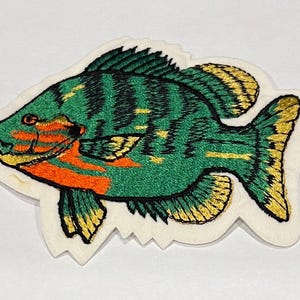May include: Green and orange embroidered patch of a fish with a yellow fin. The fish is on a white felt background.
