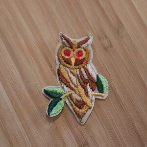 May include: Embroidered owl patch with brown and white feathers, red eyes, and green leaves. The owl is perched on a branch.