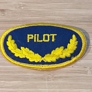 May include: A blue oval-shaped patch with yellow embroidered laurel wreaths and the word "PILOT" in yellow lettering.