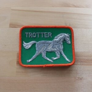 May include: A green and orange embroidered patch with the word "Trotter" and a white horse running to the right.