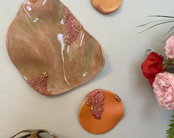 Ceramic porcelain wall art, wall sculpture, colorful green gold glaze, handmade ceramics