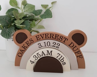 Engraved Bear rainbow shelfie, birth details, new baby gift, kids room decor, woodland nursery, adventure