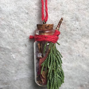 Yule ornament. Love, Wealth and Health spell in a bottle ornament for Yule tree, Christmas tree.