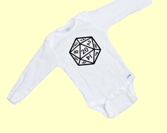 D-20 Dice for games like Dungeon & Dragons  100% Organic Cotton LONG SLEEVE Funny baby Onesie