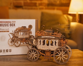 Stagecoach Music Box 3D Wooden Puzzle: DIY Mechanical Model Kit