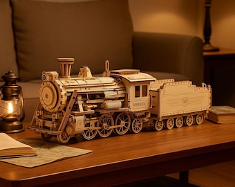 May include: A detailed wooden model of a steam train, featuring a locomotive and a tender car. The model is crafted from light-colored wood, showcasing intricate details of the train's design, including wheels, pistons, and a cabin.
