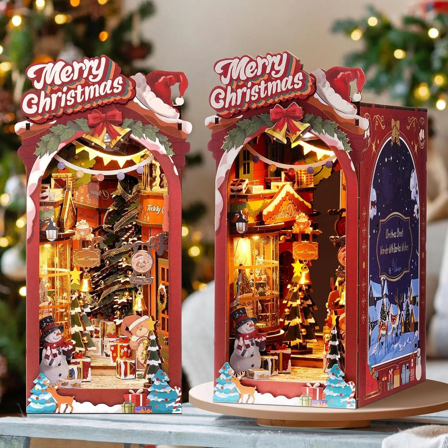 DIY Book Nook kit, kerststijl, doe-het-zelf speelgoed, huis, boekenkast, boekenkast, invoegdecoratie, 3D houten puzzel met LED-stofkap, kerstcadeau voor tieners verjaardagen - Kerstmis sneeuw nacht