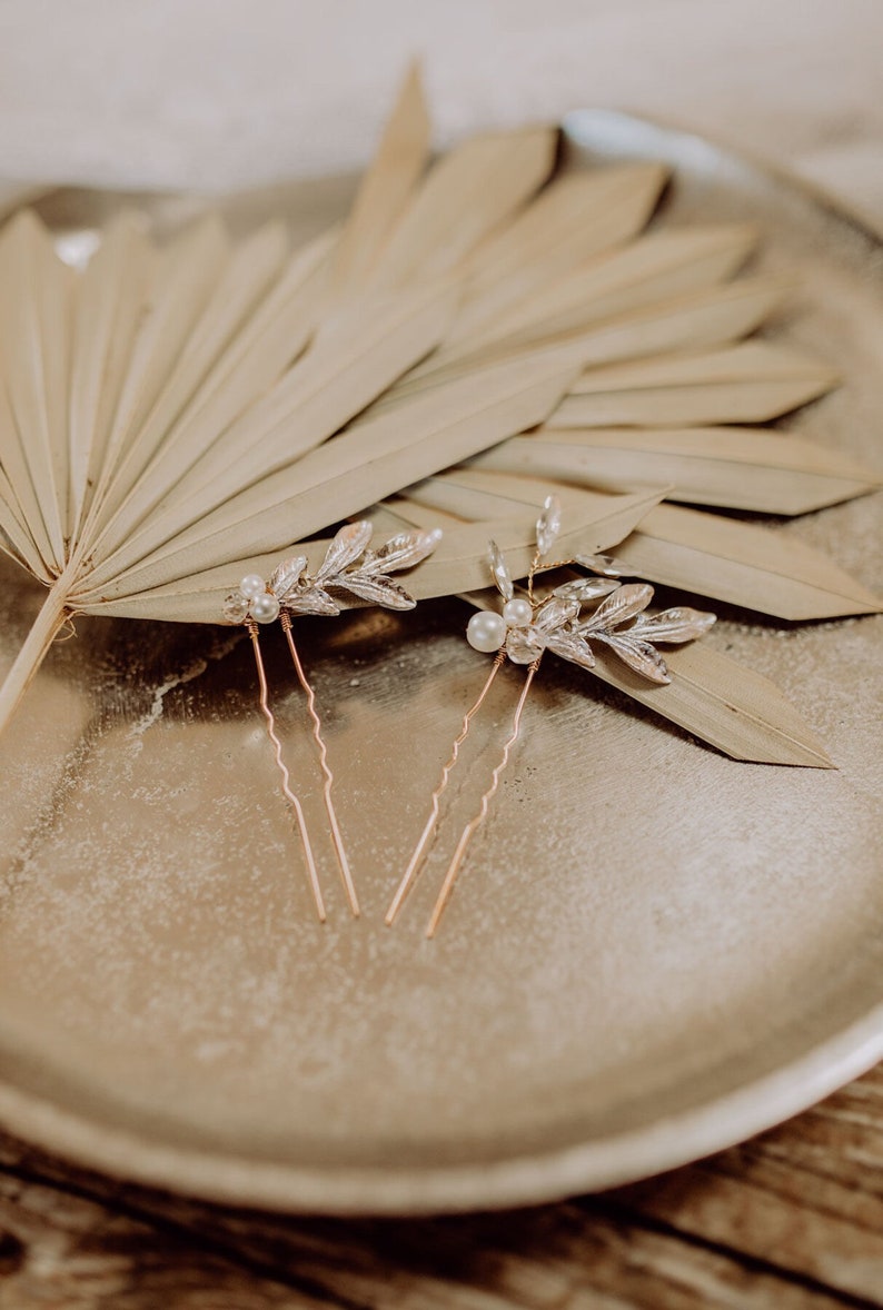 Hairpins Bridal Gold with Leaves 2 pieces image 3