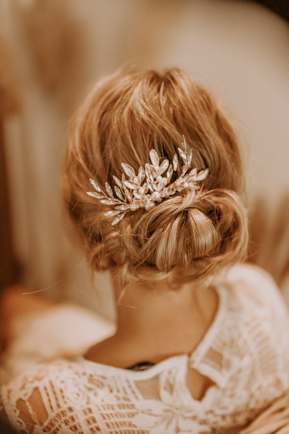 Braut Haarkamm Gold mit Blatt und Perlen | Haarkamm Braut Hochzeit | Haarschmuck Braut Gold | Braut Haarkamm Vintage