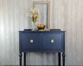 SOLD Petite buffet sideboard, navy, blue, tv stand, side table, entryway table, farmhouse, cottage, bedside table, vanity, bathroom
